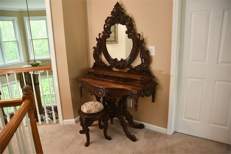 Antique Gothic Hand-Carved Vanity with Two Drawers and Attached Mirror w/ Stool