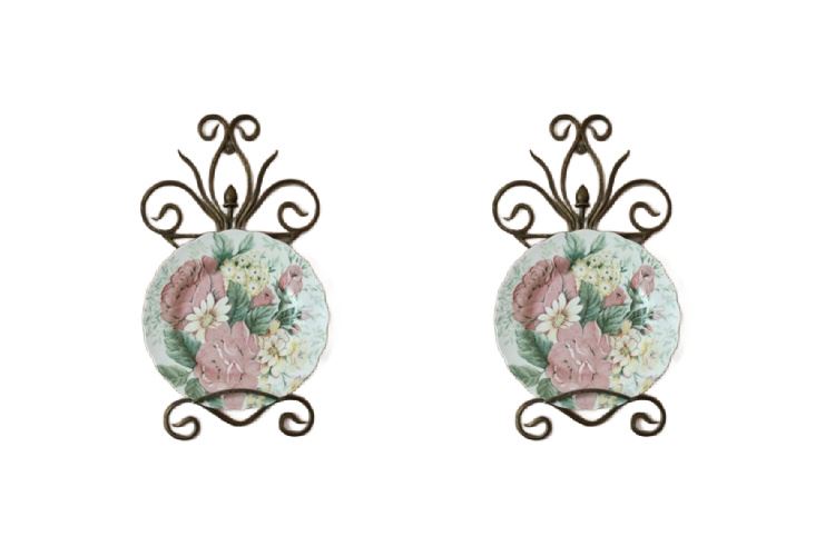 Pair Floral Pattern Decorative Plates With Scrolled Metal Wall Mounted Stands
