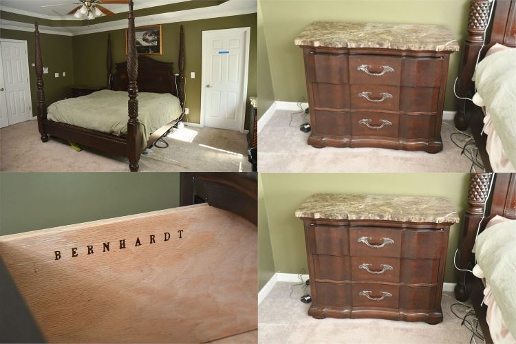 Bernhardt Poster Bed and Pair Stone Top Bedside Chest