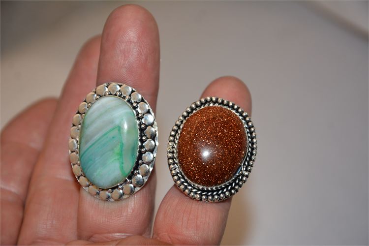 Green Onyx and Red Sun Stone set in German Silver Rings size 9