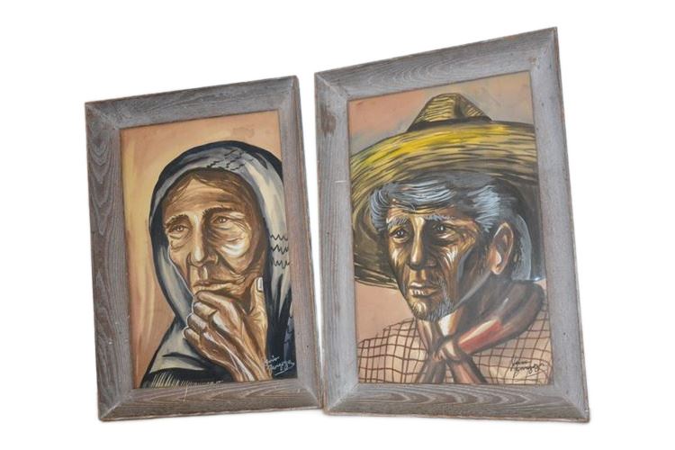 Two (2) Portraits Of South American Elders In Wood Frames