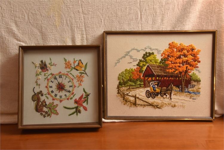 Vintage Embroidered Clock and Framed Western Scene