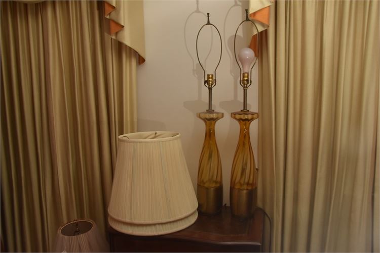 Pair Vintage Amber Glass Table Lamps With Shades