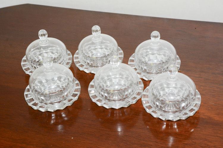 Set (6) Mikasa Salina crystal individual covered butter dish set