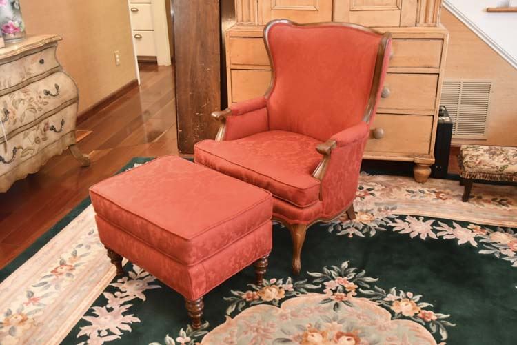 Upholstered Wood Framed Chair with Ottoman