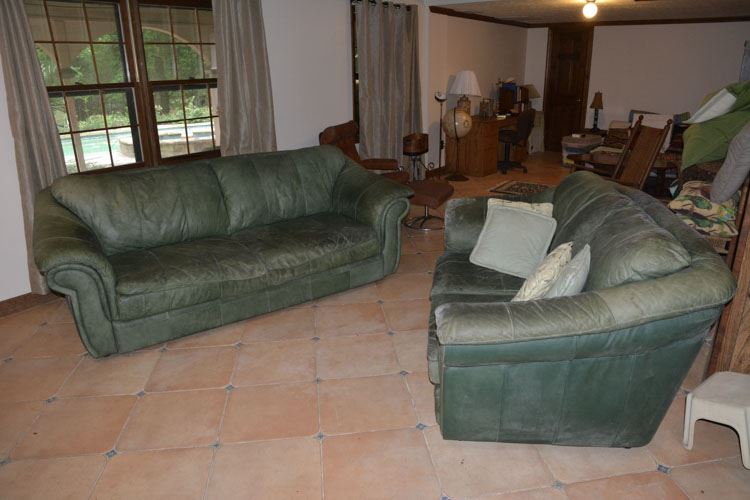 Vintage Green Leather Sofa and Loveseat