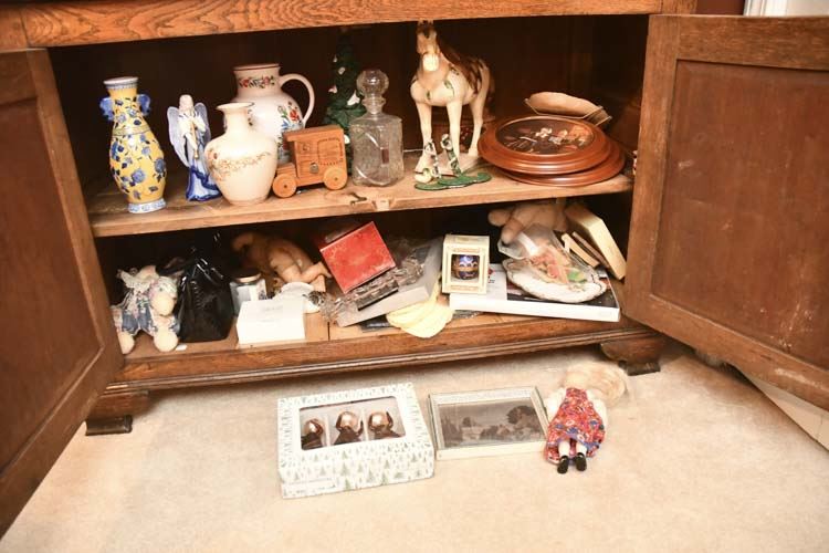 Group of Antique Items. Contents of Cabinet.