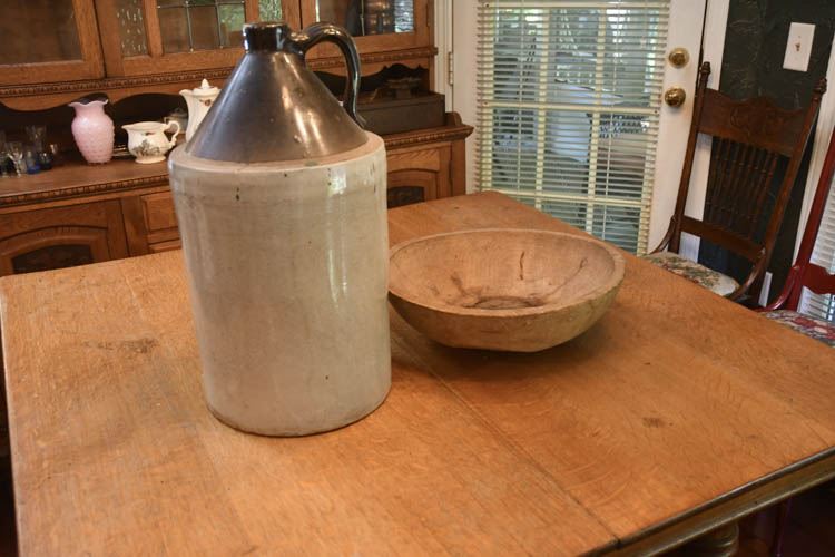Vintage Stoneware Crock and Wood Bowl