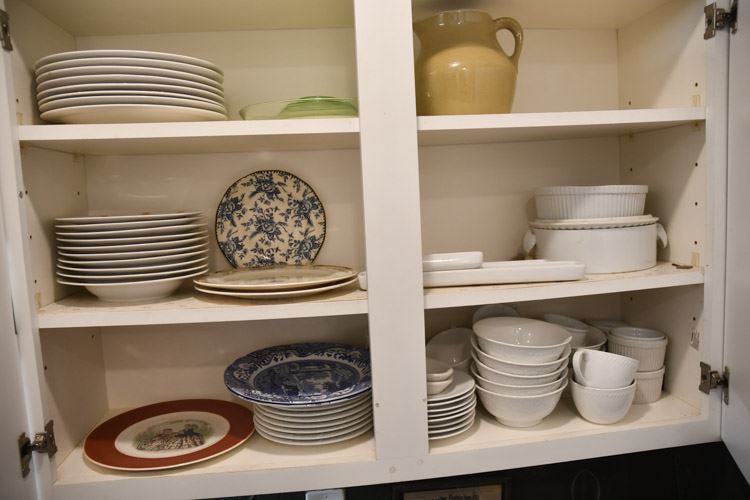 Misc, China and Dinnerware Located on Three Shelves