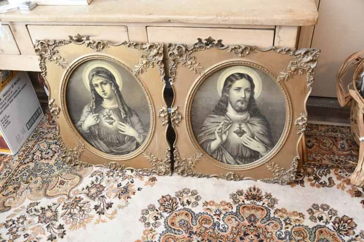 Two (2) Framed Antique Sacred Heart Of Jesus and Mother Mary