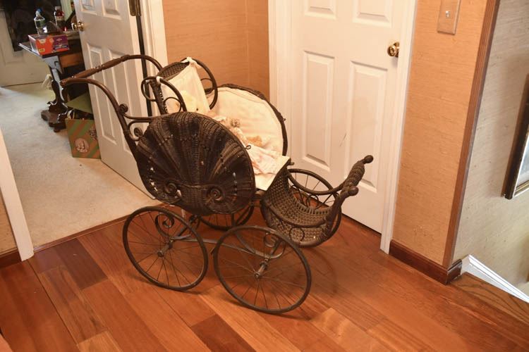 Antique Wicker Baby Buggy With Fan Side Motif