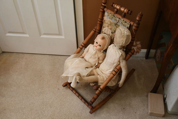 Two Antique Dolls and Vintage Doll Chair