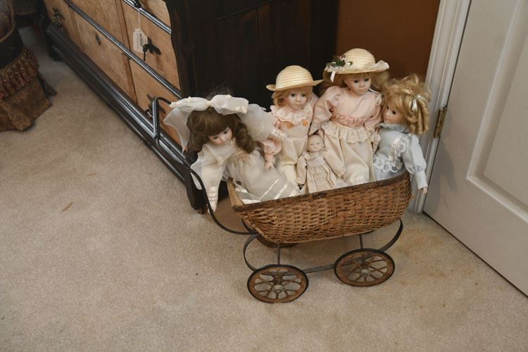 Vintage and Antique Dolls and Wicker Baby Buggy