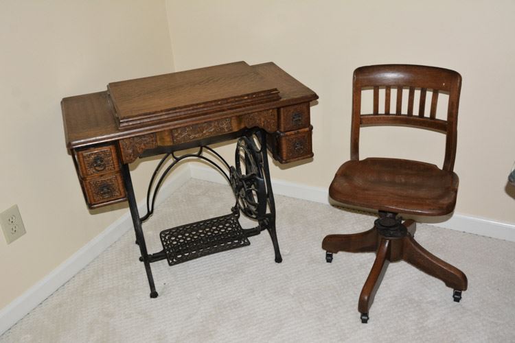 Vintage Oak Sewing Machine and Bankers Chair