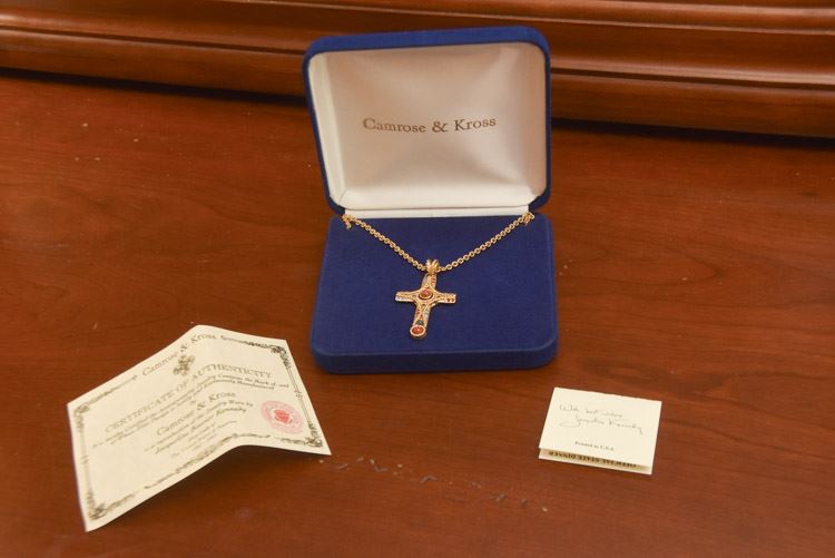 Camrose And Kross Jackie Kennedy JBK Red Crystal Gold Tone Cross Necklace
