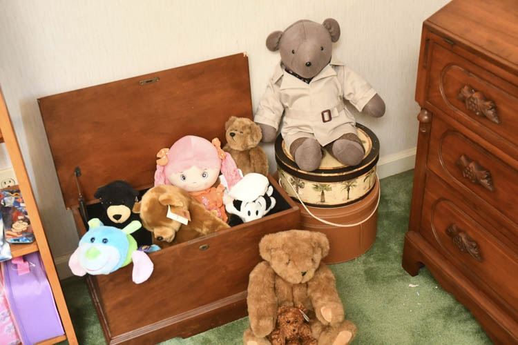 Antique Pine Chest with  Humphrey Beargart and other Stuffed Animals