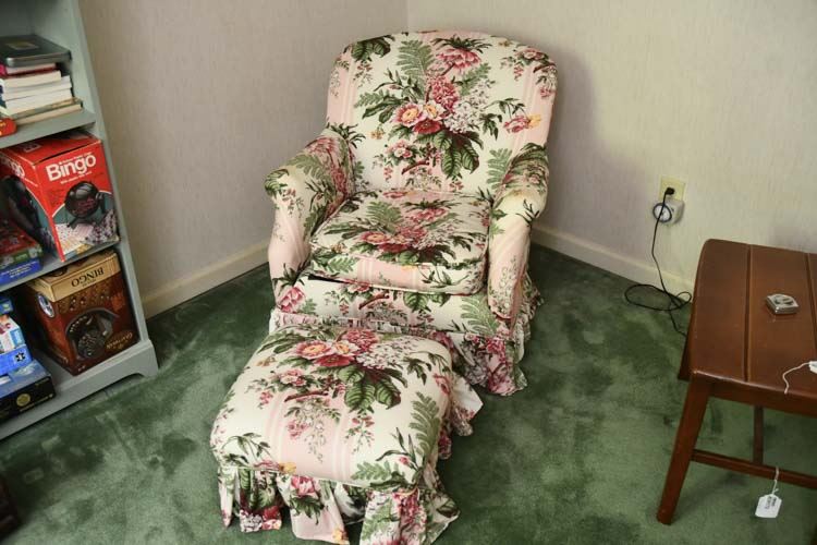 Floral Upholstered Chair and Ottoman