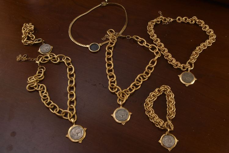 Six (6)  Gold Tone Chains Each Fitted With Framed Coin Medallions