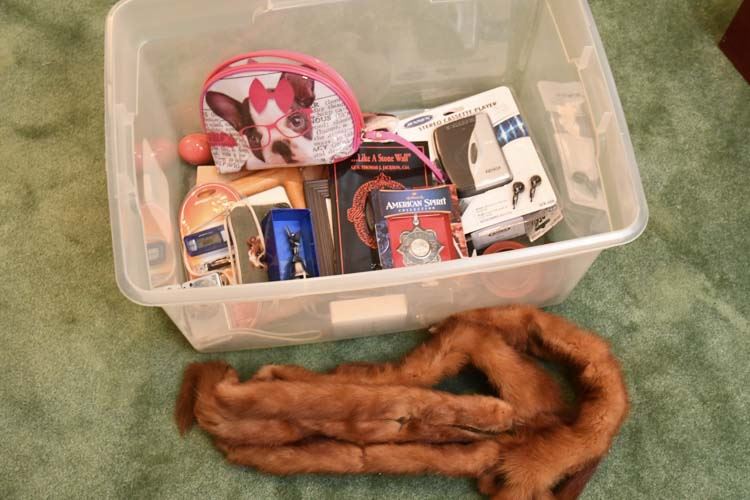 Misc Items in Plastic Crate and Fur Wrap