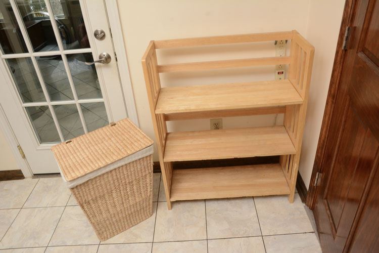 Wooden Shelf And Wicker Hamper