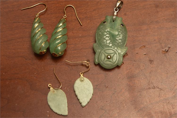 Two Pair Jade Earrings and Jade Pendant