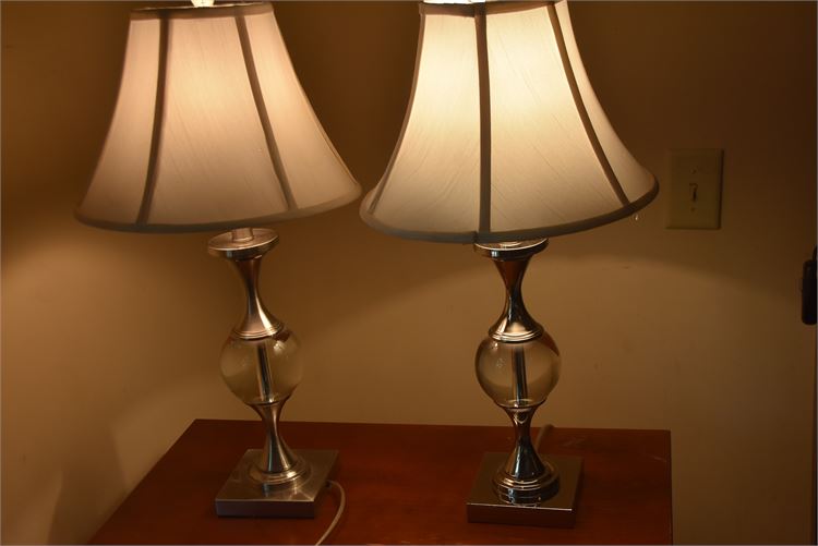 Pair Glass and Polished Metal Table Lamps with Shades