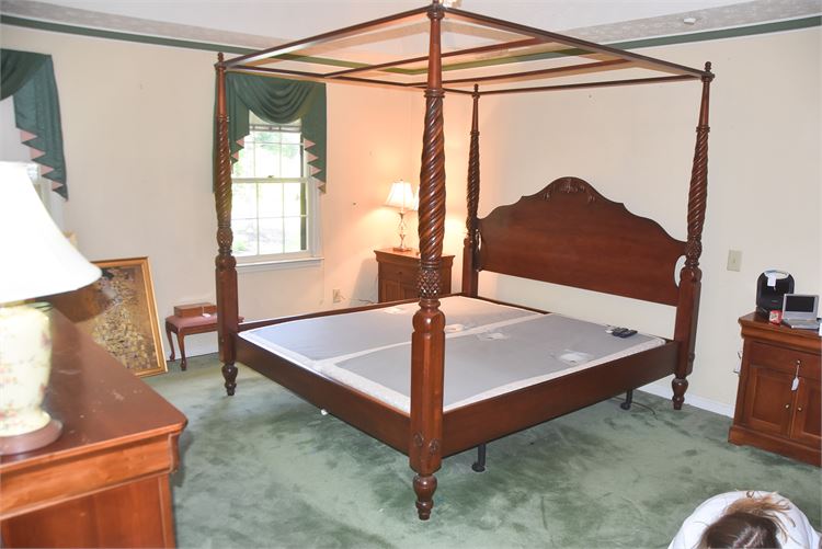 Mahogany King Size Canopy Bed with adjustable Box springs