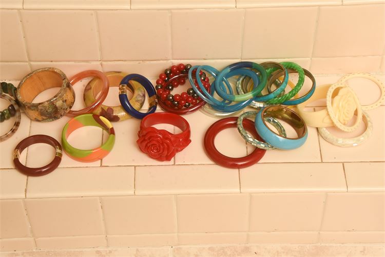 Group Colorful Composition and Metal Bangle Bracelets