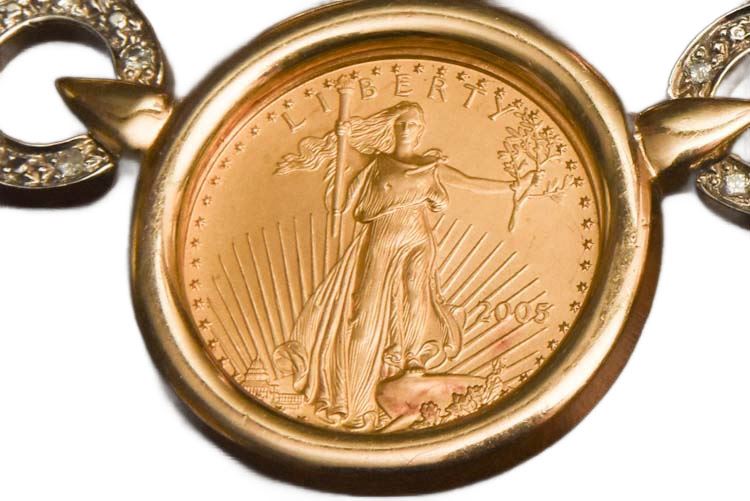2005 Liberty Gold Coin Gold Coin 14K and Diamond Necklace 30.7 grams
