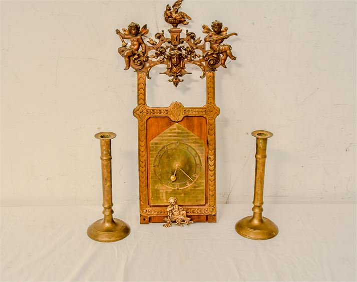 Group of Vintage Table Clock and Two (2) Brass Candleholders