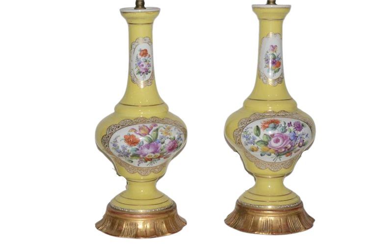 Antique Pair of Shaped Hand-Painted Reserved Floral Vases Mounted as Lamps