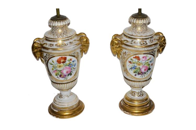Pair Antique French Porcelain Hand Painted and Gilt Porcelain Vases as Lamps