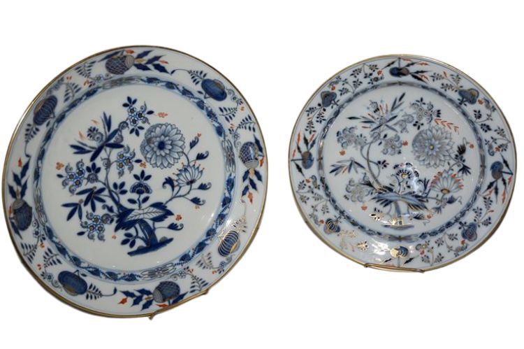 Set of Two (2) Meissen Porcelain Blue White & Gold Plates