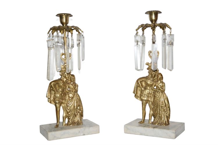 Pair Of Antique American Classical Gilt Brass Girandoles with Prisms on Marble