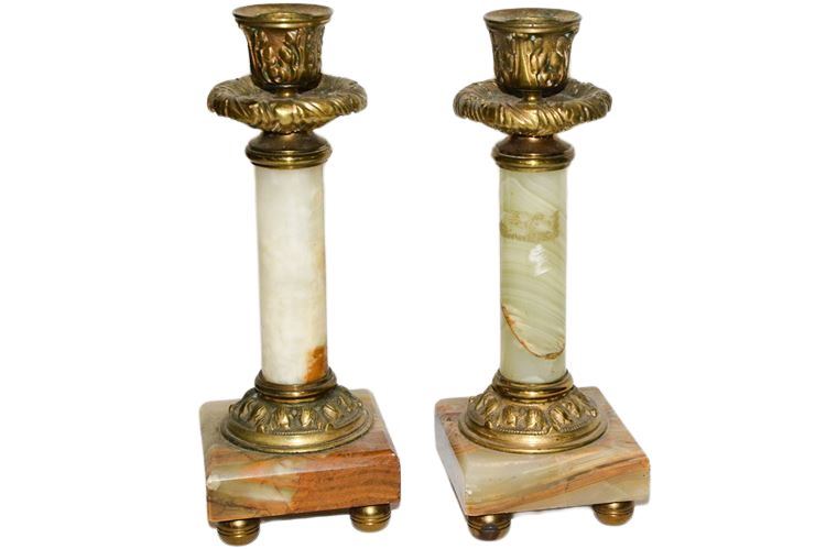 Pair of Bronze and Marble Candleholders