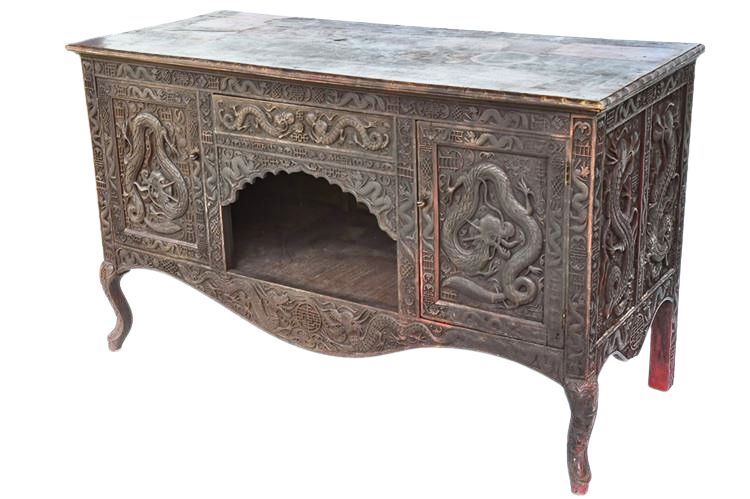 Carved Dragon Motif Antique Chinese Side Cabinet