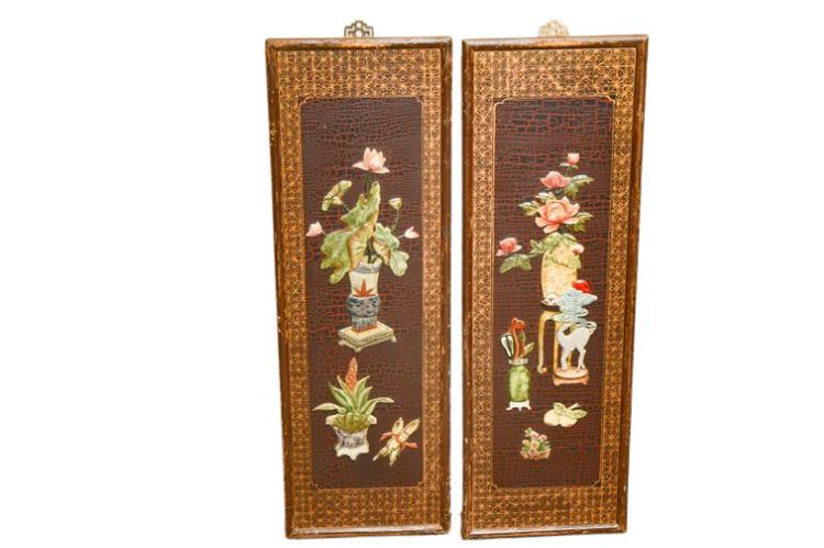 Pair Asian Carved Hardstone Inlaid Wall Panels