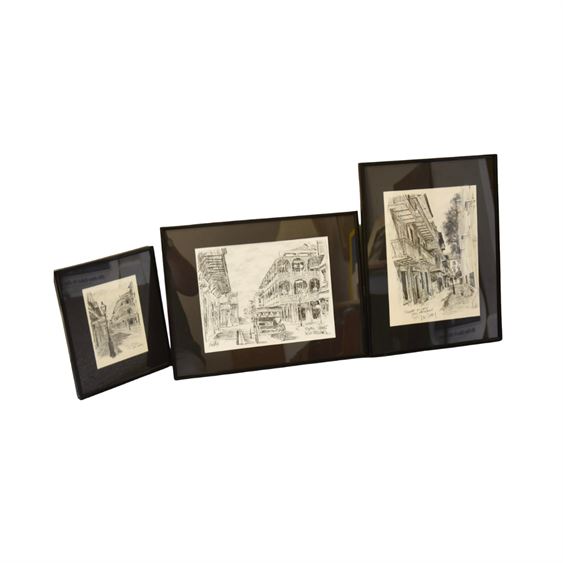 Set of Three (3) Framed 1976 Signed French Quarter Sketches