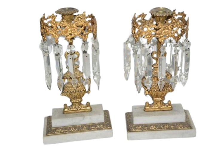 Antique Girandole Bronze Candlesticks With Prisms