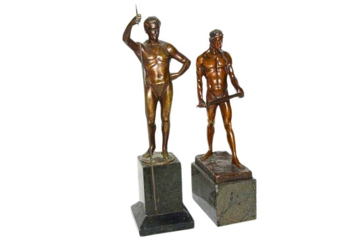 19th cent Bronze Sculpture Youth with Staff