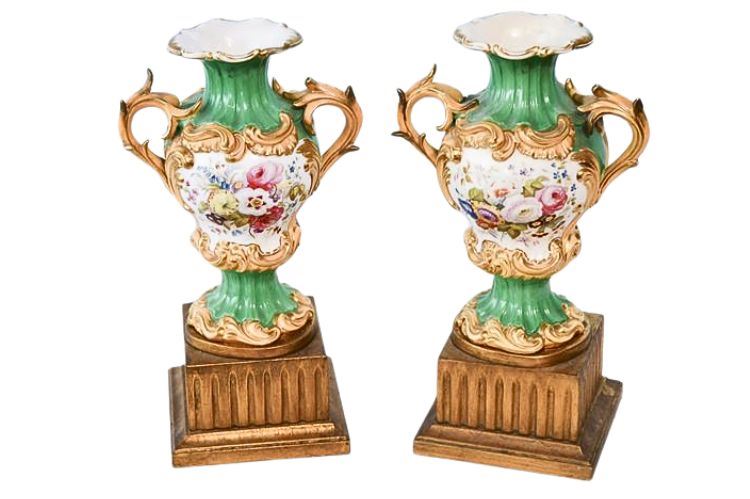 Pair FRENCH OLD PARIS Porcelain Vases on Gilt Wood Plinths