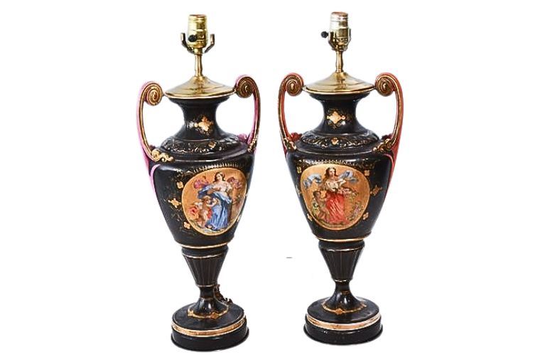 Pair Important English Victorian Porcelain Urns adapted as Lamps