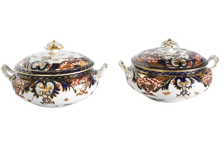 Pair of Royal Crown Derby Imari Pattern Soup Bowls with Covers