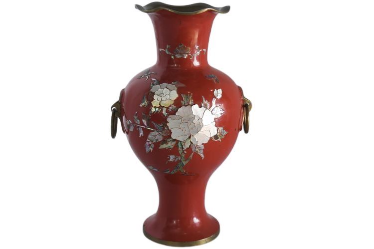 Vintage Mother of Pearl Inlaid Red Lacquered Metal Vase