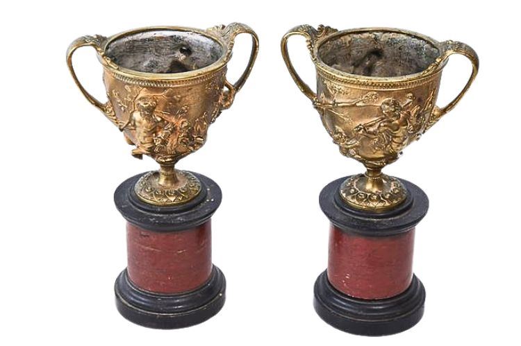Pair of Antique Bronze Relief Decorated Cups