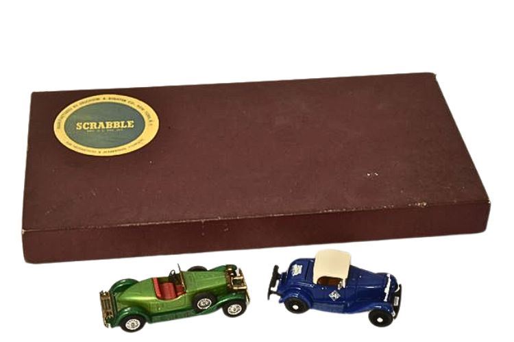 Two (2)  Collectable Toy Cars and Scrabble Board