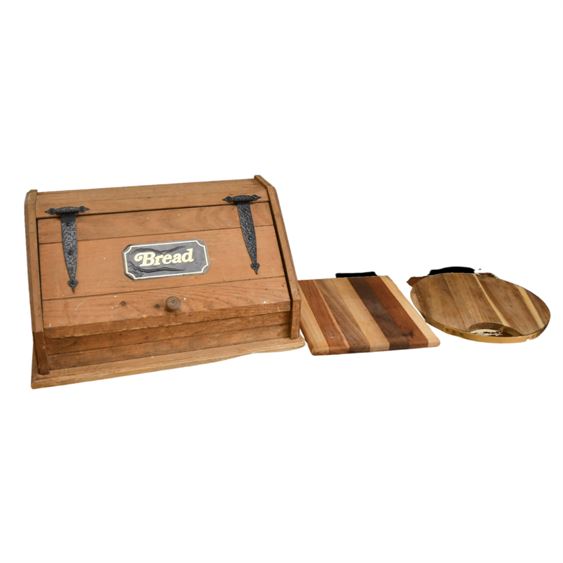 Group of Vintage Wooden Bread Box, Cutting Board and Platter.