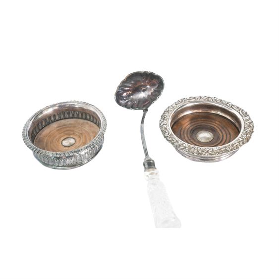 Group of Two (2) Silver Wine Coasters and a Ladle with Crystal Handle