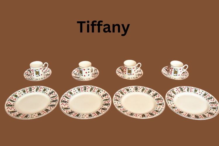 For Tiffany Elizabethan Staffordshire Tea Service for Four in Card Motif