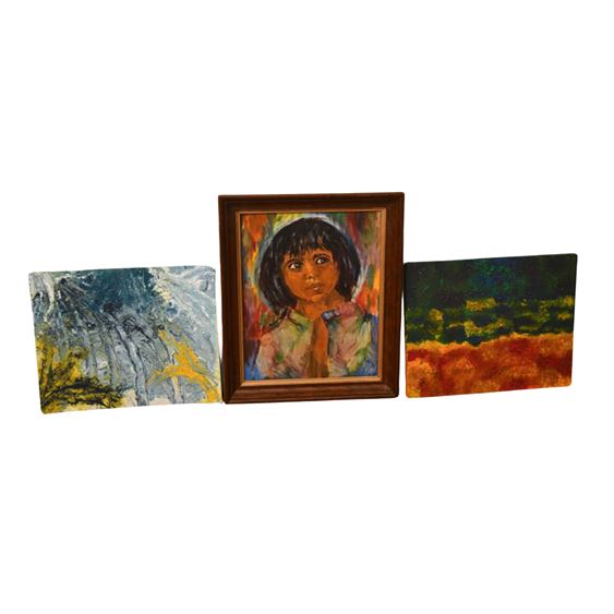 Three Paintings a  Framed Portrait and Two (2) Paintings on Canvas